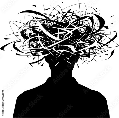 Abstract concept of mental disorder shown in silhouette with tangled lines for anxiety or stress