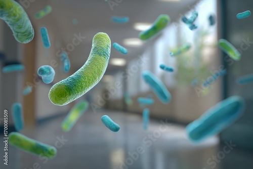 The spread of germs and the importance of hygiene in medical facilities are illustrated by a hospital corridor scene featuring floating bacteria particles