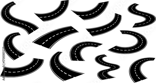 Road vector elements featuring various curved and straight asphalt segments with white dashed lines
