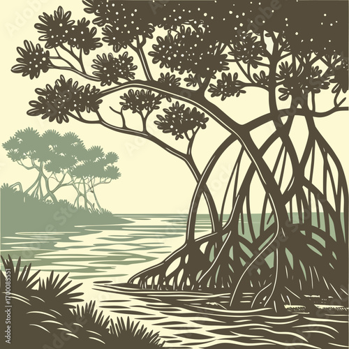 Coastal Mangrove Illustration: An illustrated scene of coastal mangrove trees standing tall in tranquil waters, with their unique root systems beautifully displayed.