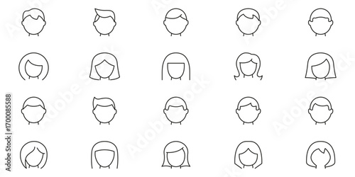 User Avatars Line Icon Set. Simple Male and Female Heads with Various Haircuts and Outlines for Profile Identification Outline Symbol Collection. Editable Stroke. Isolated Vector Illustration
