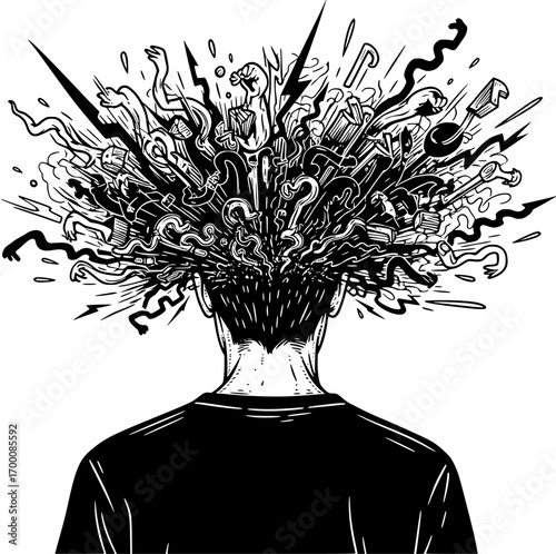 Hand-drawn illustration of a man with exploding mind representing mental overload and stress