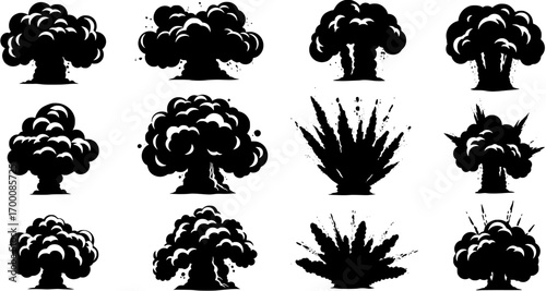 Black silhouette collection of explosion cloud icons in cartoon style