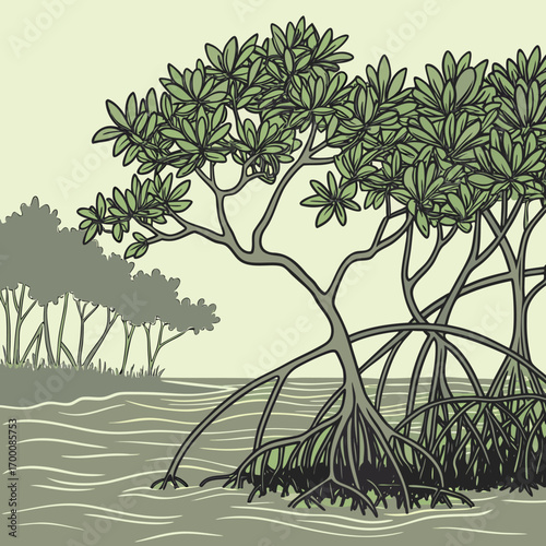 Coastal Mangrove Illustration: A beautifully illustrated mangrove ecosystem along a tranquil coastline, displaying the interconnectedness of nature in a serene environment, emphasizing resilience.