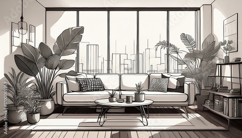 minimalist line art of a bohemian urban loft emphasizing clean and elegant simplicity