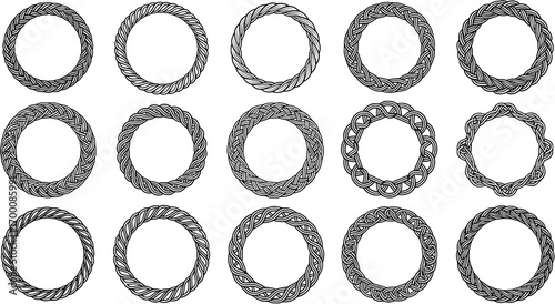 Set of decorative vector circular frames with braided and woven design elements for borders, monograms or graphic design projects