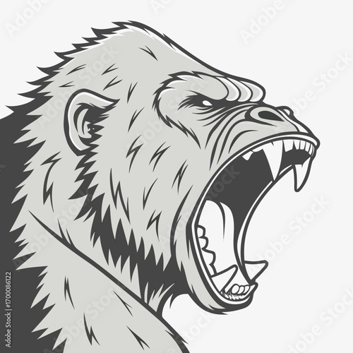 Aggressive Gorilla: A striking graphic showcases a gorilla mid-roar, with a focus on its fierce expression and powerful form. A perfect blend of grayscale and boldness