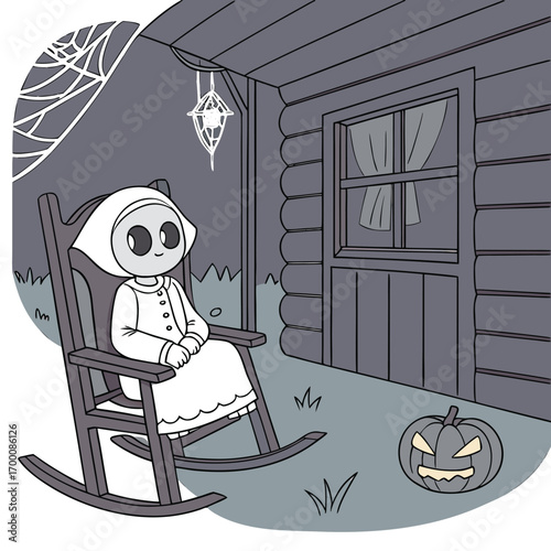 Whimsical Halloween Scene: A whimsical illustration presents a serene, yet subtly spooky Halloween night, featuring a cartoonish, doll-like figure.