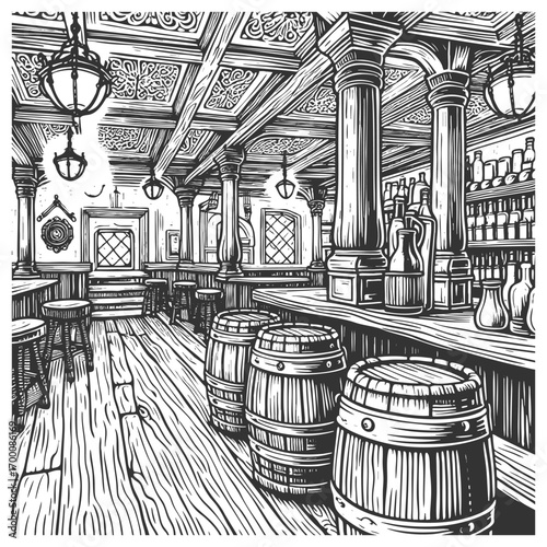 old tavern interior featuring wooden barrels, bottles, rustic tables, lanterns, and decorative windows sketch engraving generative ai vector illustration. Scratch board imitation. Black and white.