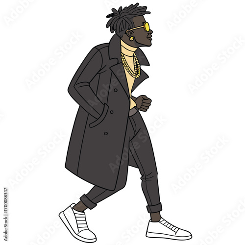 Stylish Stroll: A confident individual strides forward, radiating an aura of poise in a modern, graphic illustration that captures the essence of urban flair and personal style.