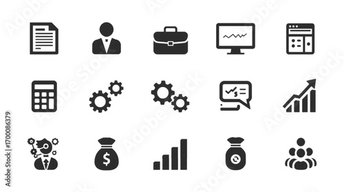 This sentence clearly conveys the subject (business and web icons), the style (black silhouette), and the format (set), 