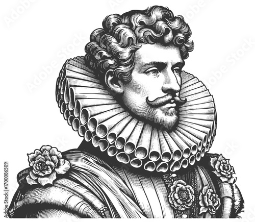 aristocratic man with mustache and beard, wearing ornate clothing and a large ruffled collar sketch engraving generative ai fictional character vector illustration. Scratch board. Black and white.