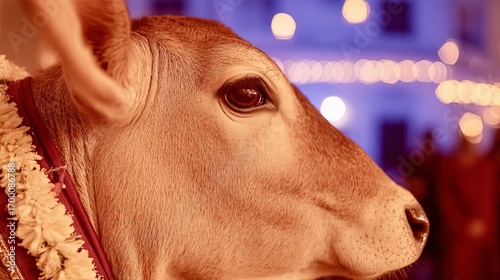 Sacred Cow Adorned with Garland at Govatsa Dwadashi Festival