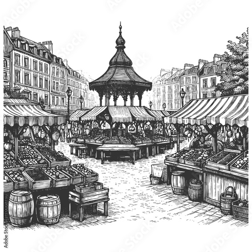 bustling old European market square with stalls, vendors, and ornate historic architecture in the background sketch engraving generative ai vector illustration. Scratch board. Black and white image.