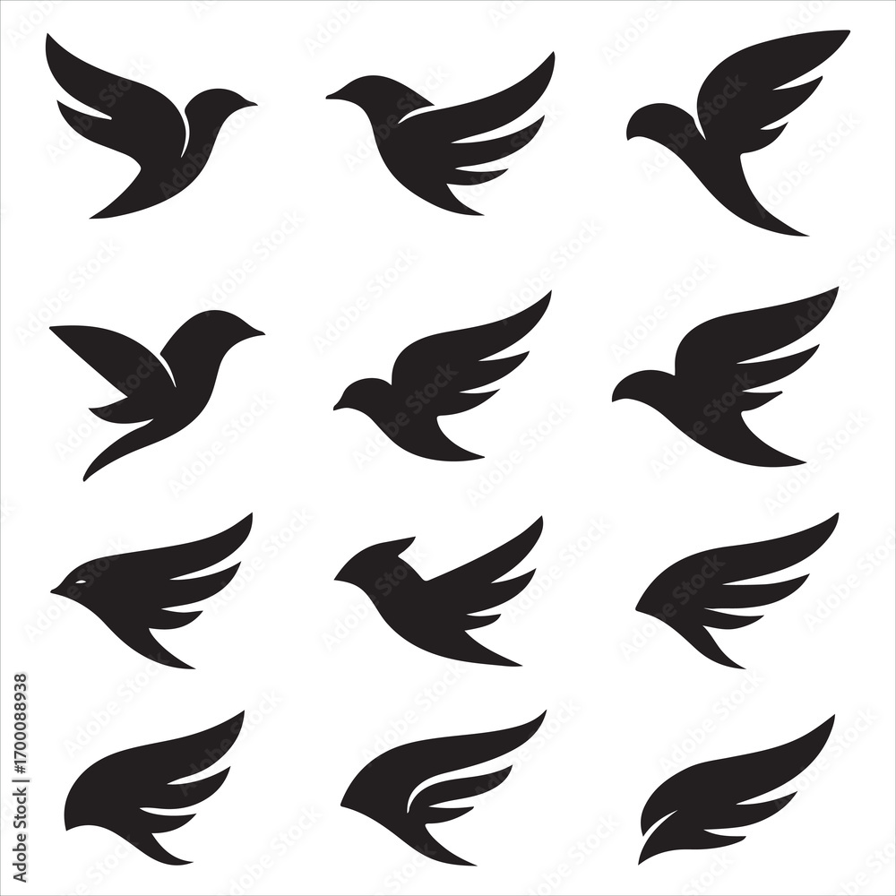 Fototapeta premium Vector set of bird wings and black silhouettes of flying birds