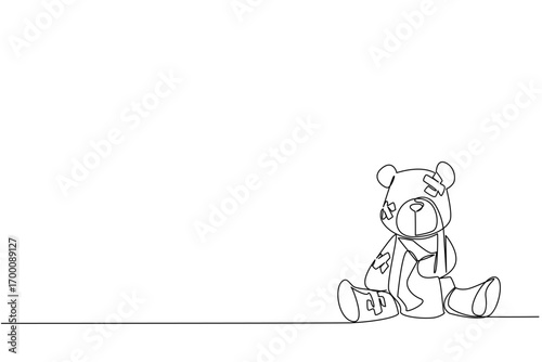 Single line draw of a teddy bear covered in patches and bandages, reflecting the wounded innocence of children, as a psychology concept for International Day of Innocent Children Victims of Aggression