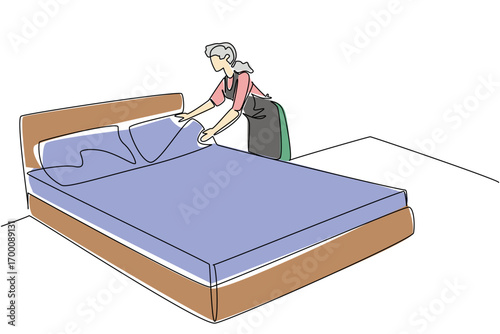 Single line drawing of a elderly woman making the bed, reflecting National Old Maids Day in a housekeeping concept, showing respect for effort, discipline, and care in everyday cleaning routines.