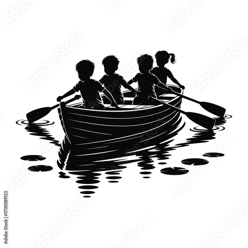 Children Rowing a Boat on the Water Silhouette Illustration