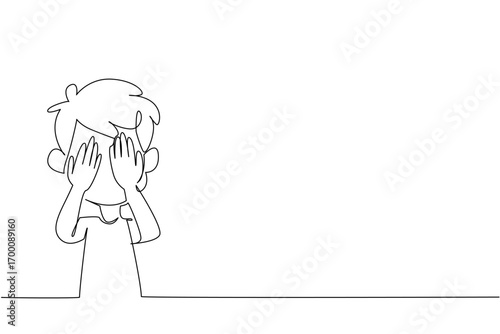 One line draw of a young boy covering his face, representing the pain and trauma of children affected by violence, as a health and psychology concept for International Day of Innocent Children Victim