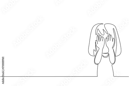 Continuous line draw of a young girl covering her face in sadness. Show the pain of suffering from aggression, as a psychology concept for International Day of Innocent Children Victims of Aggression.