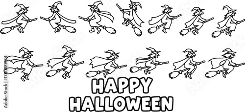 Happy halloween with witches, featuring a group of witches riding broomsticks in a festive and whimsical design