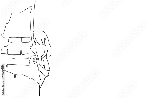 Continuous line drawing of a young girl hiding behind a broken wall, showing fear and vulnerability, as a psychology concept for International Day of Innocent Children Victims of Aggression.