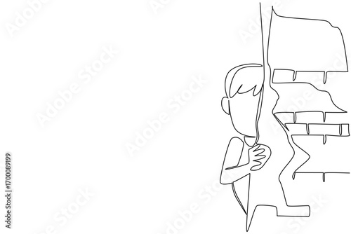 One line draw of a young boy peeking from behind ruined wall. Show fear and the hidden suffering of children in war, psychology concept for International Day of Innocent Children Victim of Aggression