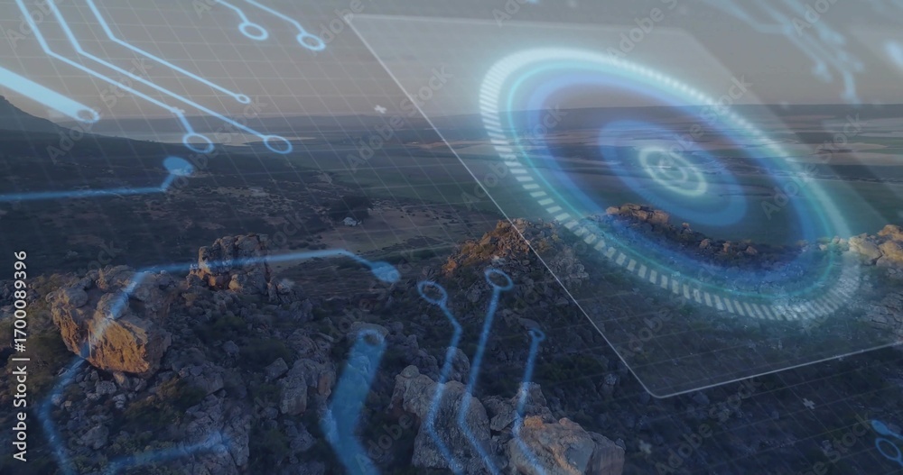 Obraz premium Projecting hologram with rings and markers above hilltop, grid overlay, circuit traces, copy space