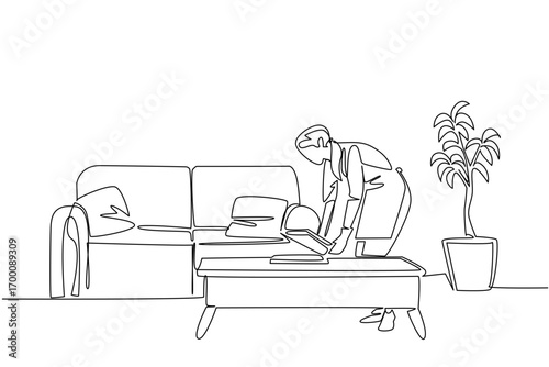 Single line drawing of a woman tidying cushions in the living room, symbolizing order, neatness, and dedication to home care, created as an industry concept for National Old Maids Day.