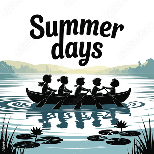 A Summer Scene Five Children Rowing a Boat Together