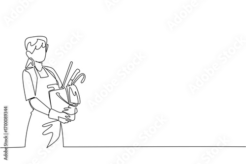 One line drawing of a woman carrying a bucket filled with cleaning supplies, symbolizing household duty, care and dedication, created as a health concept for National Old Maids Day theme.