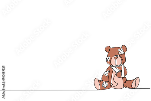 One line drawing of a brown teddy bear with multiple bandages, symbolizing wounded childhood and innocence, as a psychology concept for International Day of Innocent Children Victims of Aggression.