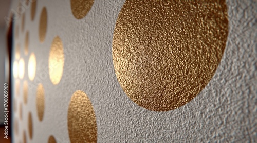 Close-up of white wall with gold textured polka dots receding into the background. Wallpaper texture visible