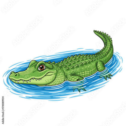 Cartoon Alligator in Water Adorable illustration of a smiling reptile swimming in a pond