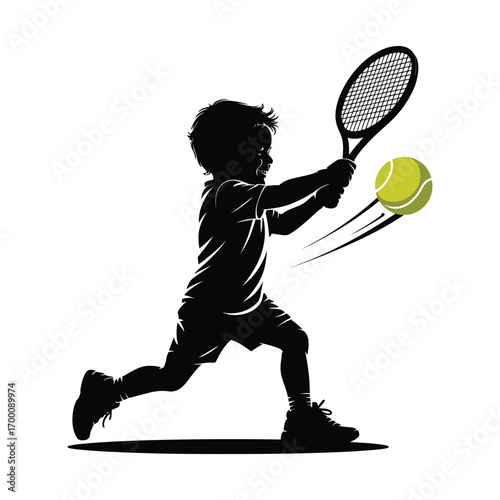 Young Tennis Player Hitting Ball with Racket Silhouette