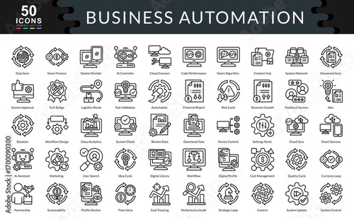 Business Automation icon set outline style collection. Containing data sync ,partnership, control, automation, idea, rotation, cloud sync, AI assistant, marketing, workflow