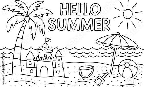 Hello summer beach scene coloring page with sandcastle palm tree and beach ball