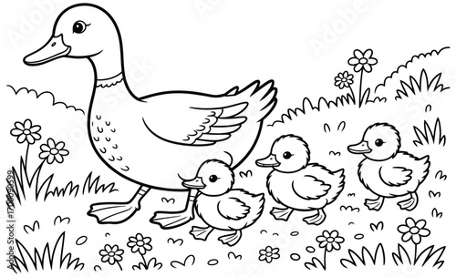 Mother duck and three ducklings walking through a field of flowers