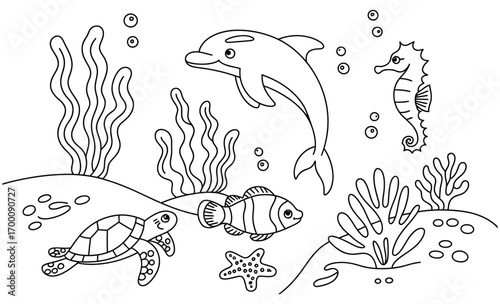 Whimsical underwater scene with dolphin turtle seahorse fish and coral for coloring