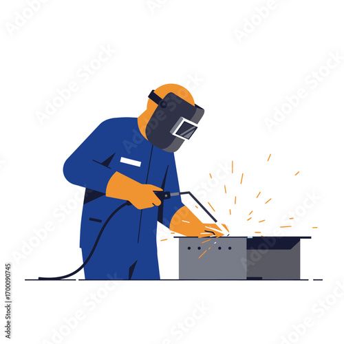 A person in a blue uniform and protective mask performs arc welding, generating bright sparks while joining metal components in a workshop.