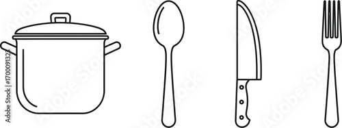 Simple kitchen utensils illustration, featuring a pot, spoon, knife, and fork for culinary and cooking themed designs