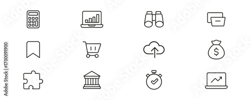 Calculator, Shopping Cart, Cloud Upload And Finance Icons. Business, E-Commerce And Data Management Outline Symbol Collection. Financial Planning And Digital Solutions. Isolated Vector Illustration