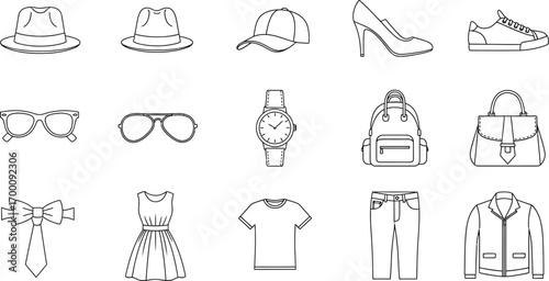 Illustration of various fashion items, including hats, shoes, glasses, watches, bags, clothes, and accessories in black and