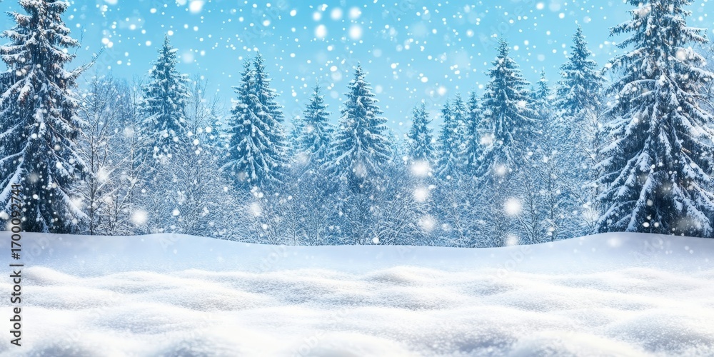 Fototapeta premium Breathtaking Scenic View of a Snow-Covered Winter Woodland Landscape with Tall Evergreen Trees