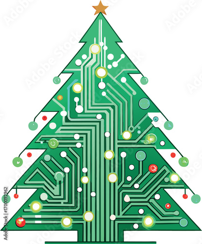 Clean vector art Christmas tree made of glowing circuit boards and microchips, digital futuristic holiday design