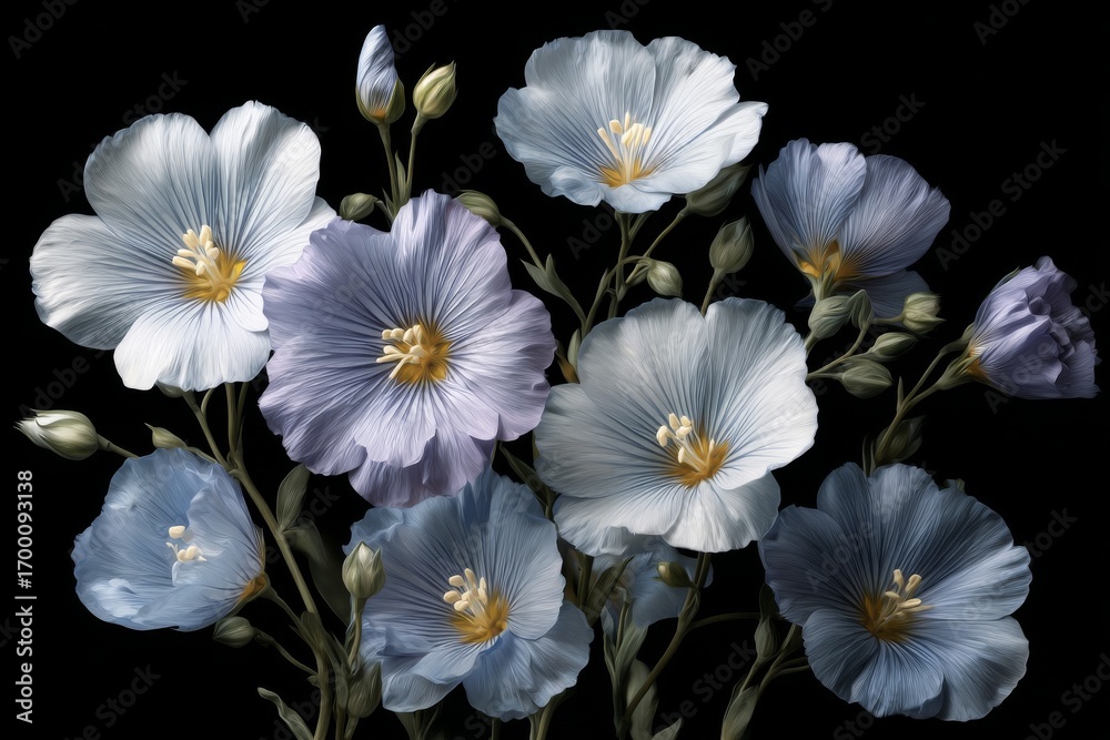 Fototapeta premium Beautiful blue blooms are prominently displayed against a dark canvas, accentuating their delicate intricacies