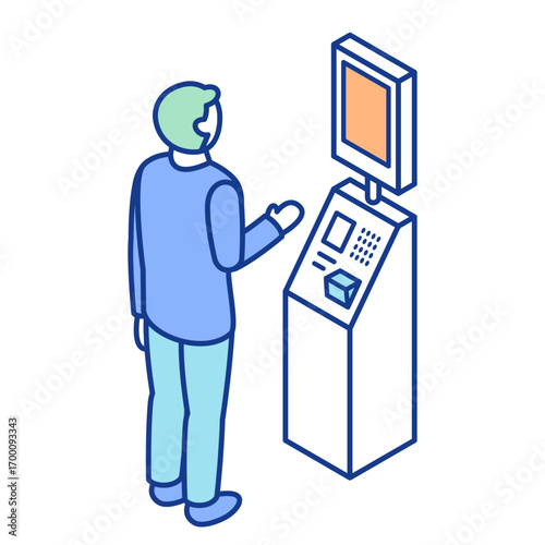 An isometric illustration of a person standing in front of a kiosk enclosure and operating it. Payment at a self-checkout register. Check-in at an automated check-in machine.