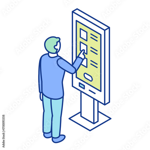 An isometric illustration of a person standing in front of a large display digital signage cabinet and operating the touch panel. A kiosk enabling digital payments.