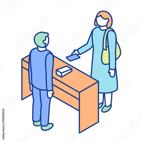 An isometric illustration of a person making a cashless payment at the reception desk. A clerk and a shopper face each other across the counter.