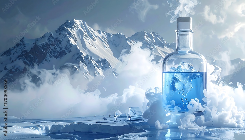 Obraz premium A glass bottle filled with a vibrant blue liquid sits amidst swirling frost and ice on a frozen landscape, framed by majestic snow-capped mountains.